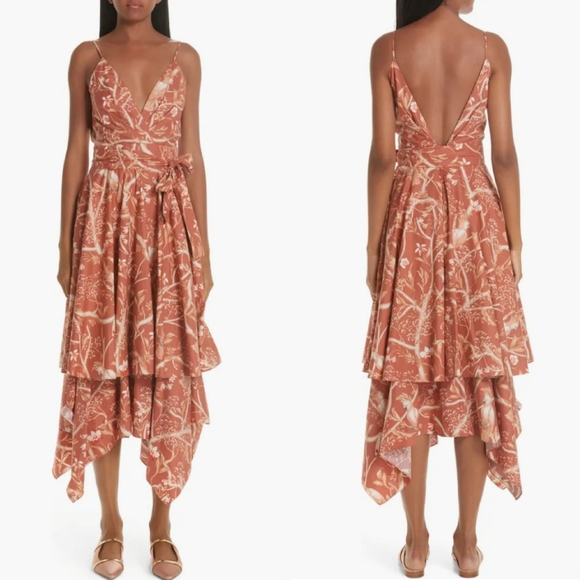 Johanna Ortiz Cacatua Belted Layered Bird Print Cotton Poplin Midi Dress 6 - Picture 2 of 15